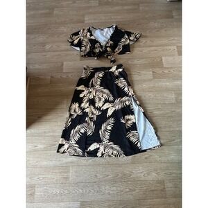 Shein Curve Tropical Palm Print Tie Front Crop Top and Side Slit Midi Skirt Set